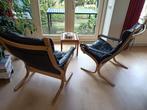 Twee fauteuils (leer, zwart), Huis en Inrichting, Fauteuils, Ophalen, Gebruikt, 50 tot 75 cm, Noors/scandinavisch