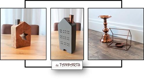 KANDEDLAARS : hout - betonlook - rosé metal, Huis en Inrichting, Woonaccessoires | Kandelaars en Kaarsen, Zo goed als nieuw, Hout