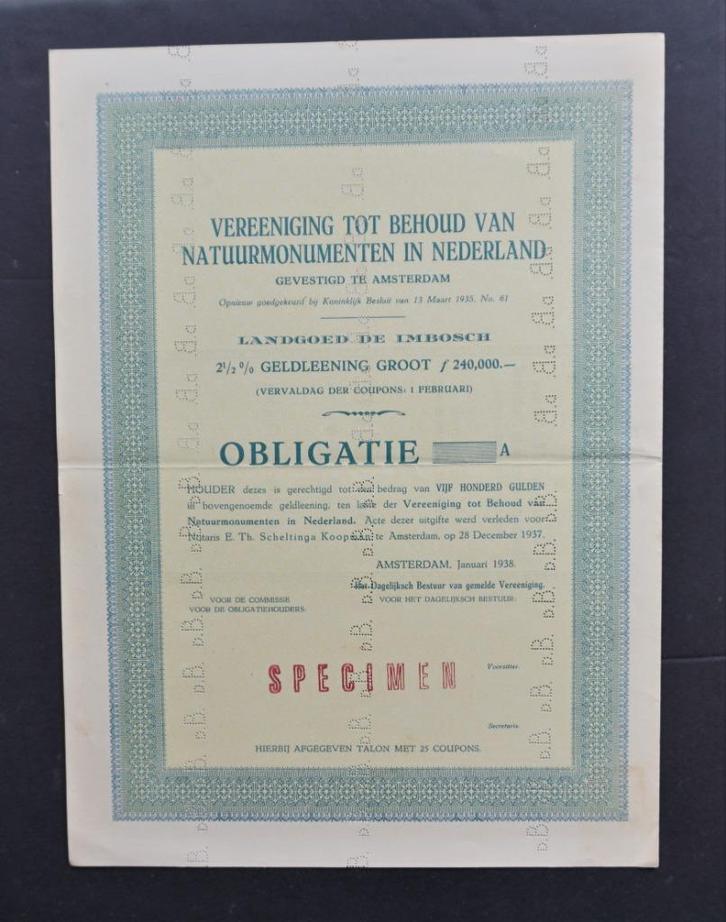 Vereeniging tot Behoud van Natuurmonumenten (Imbosch), Postzegels en Munten, Aandelen en Waardepapieren, Obligatie of Lening, 1920 tot 1950