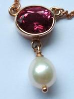 roze gouden COLLIER 42 cm met roze Toermalijn en witte Parel, Ophalen of Verzenden, Goud, Ketting, Met edelsteen
