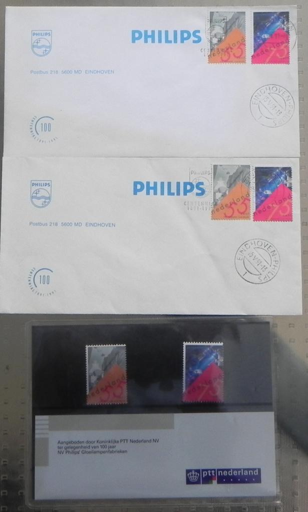 2 Eerste dag enveloppen Philips + 2 postzegels Philips, Ophalen of Verzenden, Na 1940, Postfris