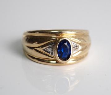 14 krt gouden bandring met blauwe spinel en twee diamantjes beschikbaar voor biedingen