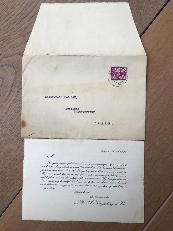 NEDERLAND, Bedankkaart “NV A. KREYMBORG 7 Co” uit 1930, Postzegels en Munten, Brieven en Enveloppen | Nederland, Envelop, Verzenden