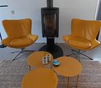 Twee mooie leren design draaifauteuils okergeel, Huis en Inrichting, Ophalen, Zo goed als nieuw, 50 tot 75 cm, Leer