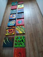 15 vrolijke schilderijtjes 30x30 cm, Minder dan 50 cm, Ophalen of Verzenden, Zo goed als nieuw, Schilderij
