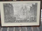 Praag, Mooie oude Gravure van een Kerk en veel Mensen, Antiek en Kunst, Kunst | Etsen en Gravures, Ophalen of Verzenden