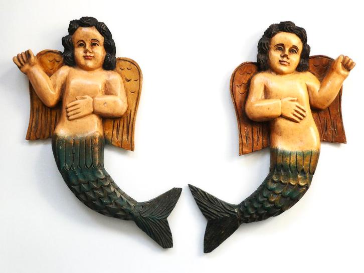 Set van 2 wanddecoraties mythologisch engel zeemeerman, Antiek en Kunst, Curiosa en Brocante, Ophalen of Verzenden