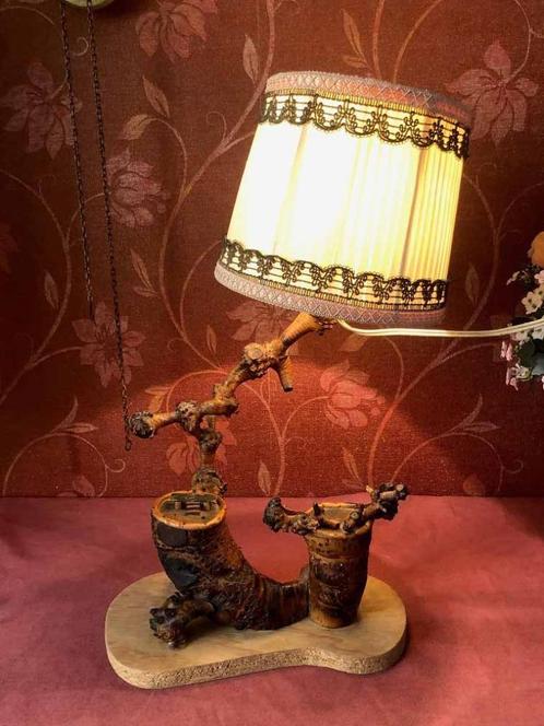 Tafellamp cottage vintage hout, takken - klassiek lampenkap, Huis en Inrichting, Lampen | Tafellampen, Minder dan 50 cm, Hout