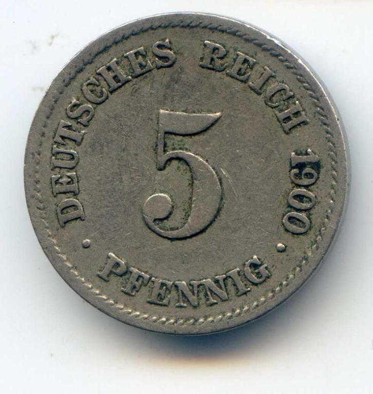 Duitsland 5 Pfennig 1900 G, Postzegels en Munten, Munten | Europa | Niet-Euromunten, Duitsland, Ophalen of Verzenden