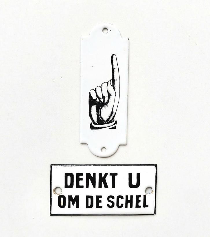 Emaille bordje Denkt U Om De Schel reclamebord Deurpostje, Verzamelen, Merken en Reclamevoorwerpen, Gebruikt, Reclamebord, Verzenden
