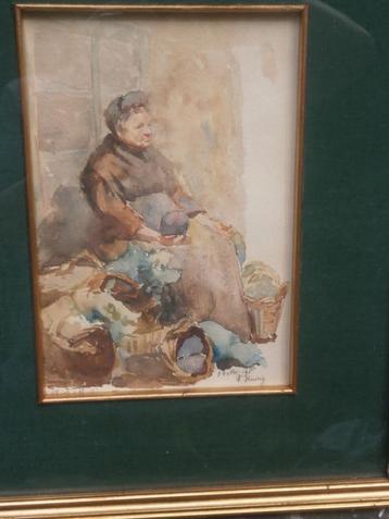 T.E. HUDIG, Aquarel een Groenverkoopvrouw, oud exemplaar beschikbaar voor biedingen