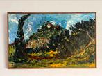 Landschap schilderij olieverf op doek bergdorp mediterraan, Antiek en Kunst, Ophalen of Verzenden