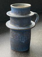 Vintage retro aardewerk vaas ribbels blauw bruin, Ophalen of Verzenden