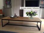 Oud eiken wagonplanken salontafel -  stalen frame - maatwerk, Huis en Inrichting, Ophalen, Oud eiken, wagonplanken, wagondelen, barnwood, staal, op maat