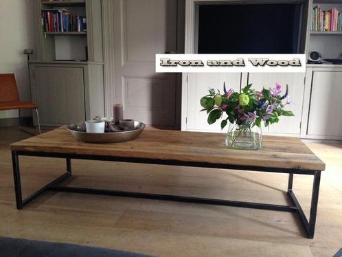 Oud eiken wagonplanken salontafel -  stalen frame - maatwerk, Huis en Inrichting, Tafels | Salontafels, Nieuw, Rechthoekig, Eikenhout