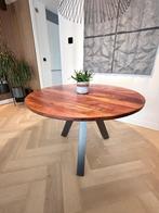 Industrieel eettafel, stalen onderstel, mango tafelblad ø120, Huis en Inrichting, Tafels | Eettafels, Ophalen, Rond, Zo goed als nieuw