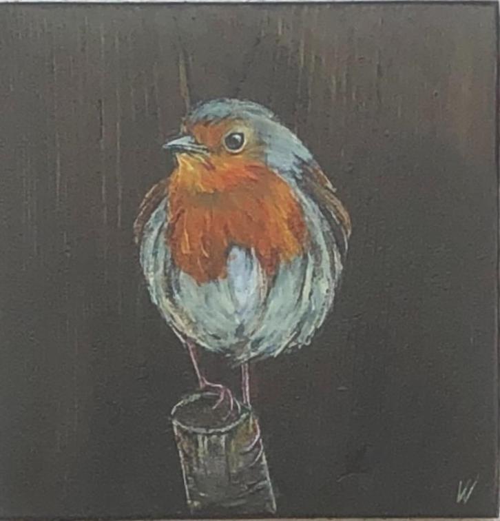 Schilderij roodborstje op gebruikt hout, Huis en Inrichting, Woonaccessoires | Schilderijen, Tekeningen en Foto's, Nieuw, Schilderij