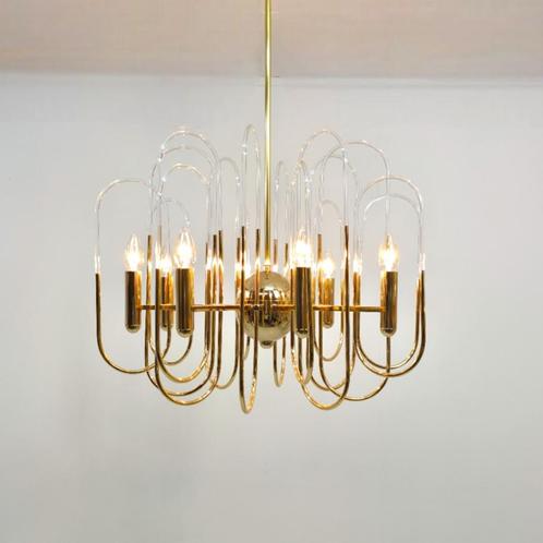 Kroonluchter Sciolari jaren 70 messing met glas mid century, Huis en Inrichting, Lampen | Kroonluchters, Gebruikt, Glas, Metaal