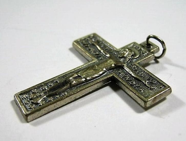 Hanger, kruis, crucifix met tekst (6888-86), Antiek en Kunst, Antiek | Religie, Ophalen