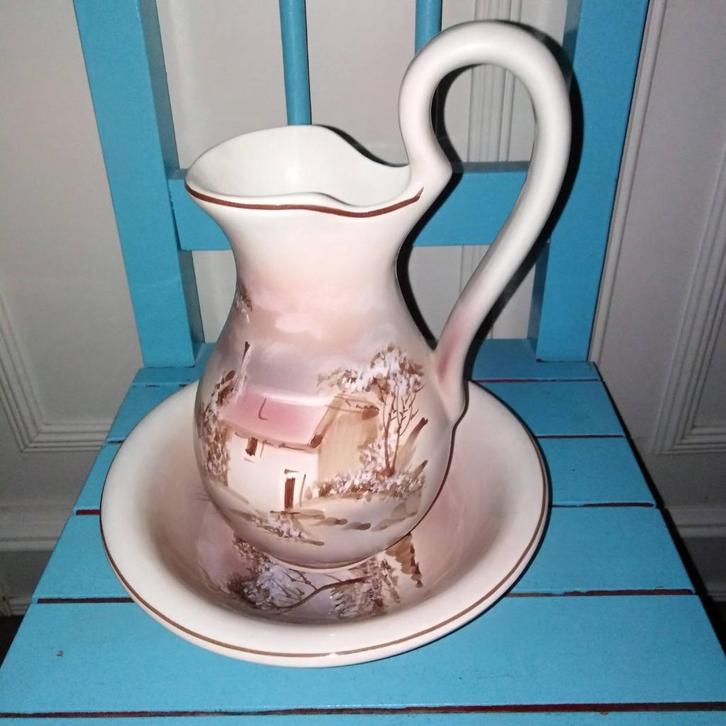 lampetstel kommetje en kannetje met landelijk tafereel, Huis en Inrichting, Woonaccessoires | Overige, Gebruikt, Ophalen