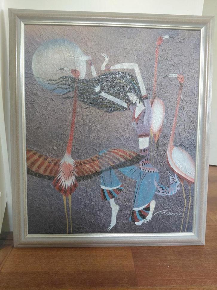 Schilderij met flamingo's en figuur, Antiek en Kunst, Kunst | Overige Kunst, Ophalen