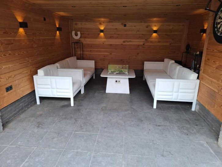 Mooie strakke witte loungeset inclusief vuurtafel, Tuin en Terras, Tuinsets en Loungesets, Gebruikt, Loungeset, Kunststof, 6 zitplaatsen