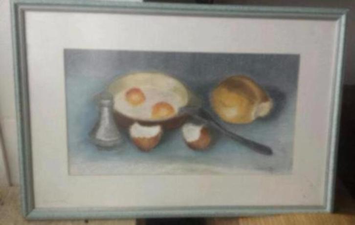 gebakken eieren vork pan ui en zoutvaatje   I Callaerts, Antiek en Kunst, Kunst | Schilderijen | Klassiek, Ophalen