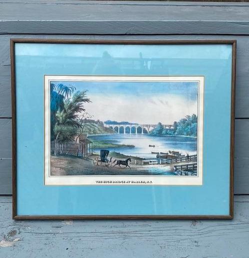 Fraaie print in blauw passe-partout, Antiek en Kunst, Kunst | Schilderijen | Klassiek, Ophalen of Verzenden