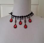 Zwarte kanten choker ketting met rode fonkelende druppels, Sieraden, Tassen en Uiterlijk, Kettingen, Overige materialen, Verstelbaar