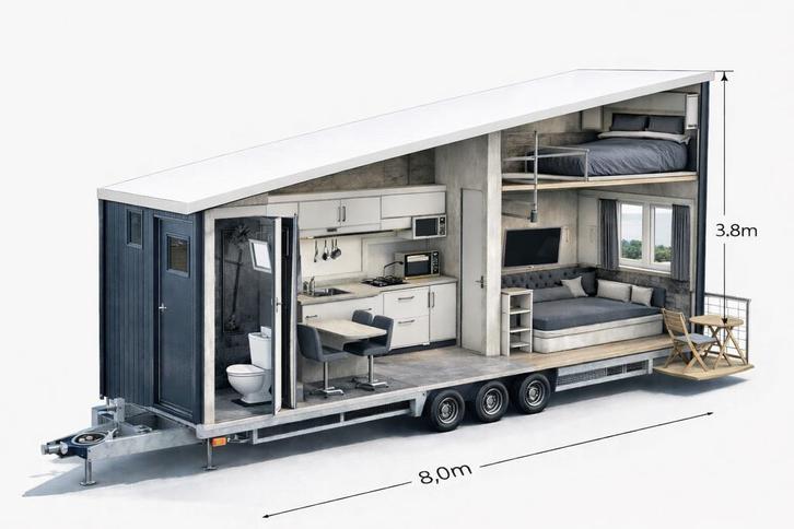 Tiny House mobiele woning te huur - Dedemsvaart, Doe-het-zelf en Verbouw, Transportwagens, Zo goed als nieuw, Transportkar, 100 liter of meer