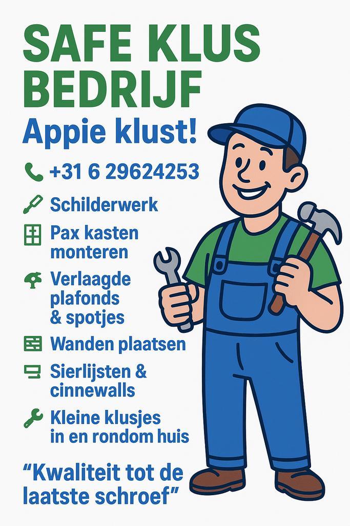 Klusser Ap - Safe klusbedrijf!, Vacatures, Vacatures | Schoonmaak en Facilitaire diensten, LBO / VMBO, Starter, Vast contract