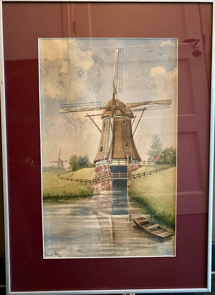 Aquarel Molenlandschap - 1940, Antiek en Kunst, Kunst | Tekeningen en Foto's, Ophalen of Verzenden