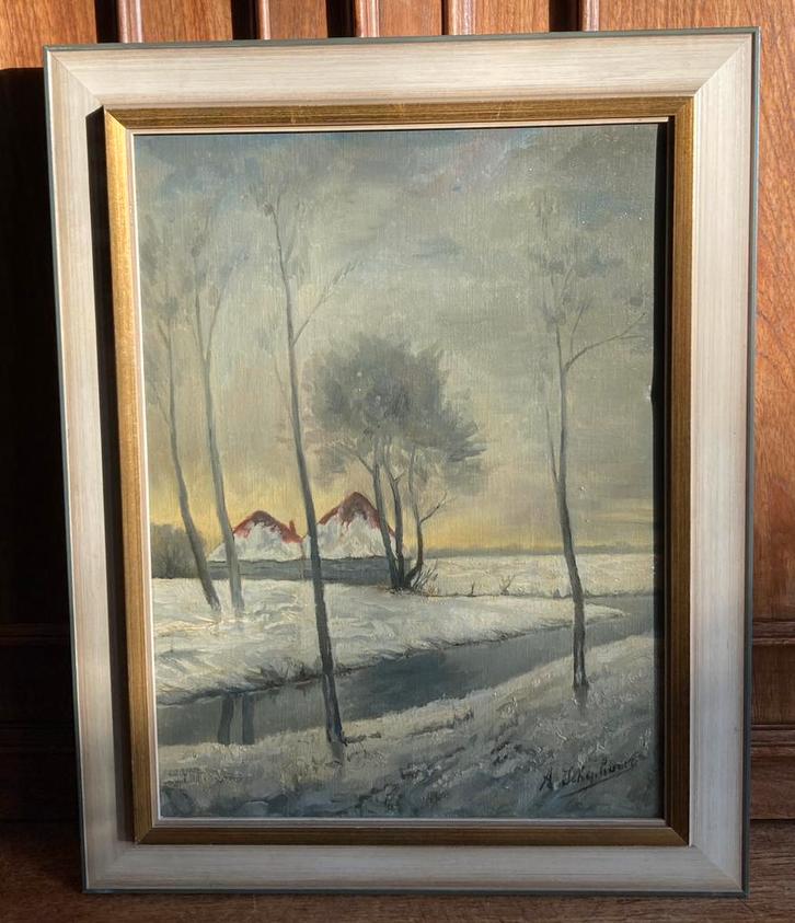 Schilderij - huisjes in de sneeuw- A. Schiphorst- Deventer, Antiek en Kunst, Kunst | Schilderijen | Klassiek, Ophalen