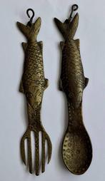 Antieke set visvormige lepel en vork, brons of koper, Antiek en Kunst, Antiek | Koper en Brons, Ophalen of Verzenden