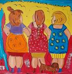 Schilderij Dikke Dames wandelen met teckel acryl op canvas, Antiek en Kunst, Kunst | Schilderijen | Modern, Ophalen of Verzenden