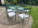 metalen tuintafel met glasplaat en 6 stoelen, Ophalen, Gebruikt, Rechthoekig, Metaal
