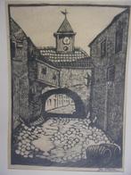 Beer, Jac. de - Poortje met klok Houtsnede, Antiek en Kunst, Kunst | Etsen en Gravures, Ophalen of Verzenden
