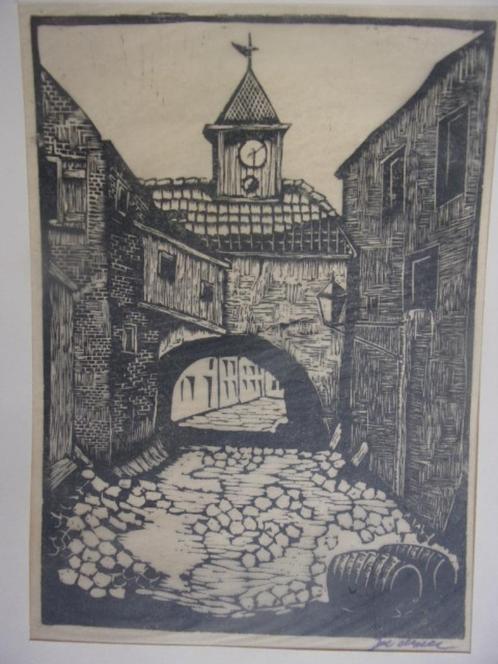 Beer, Jac. de - Poortje met klok Houtsnede, Antiek en Kunst, Kunst | Etsen en Gravures, Ophalen of Verzenden