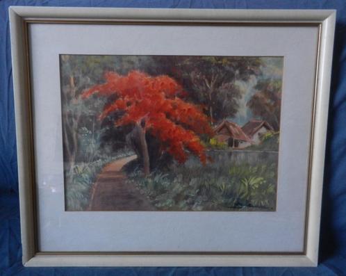 Aquarel Dorpsgezicht Indonesië Bali, gesigneerd hxb 25x35 cm, Antiek en Kunst, Kunst | Schilderijen | Klassiek, Ophalen of Verzenden