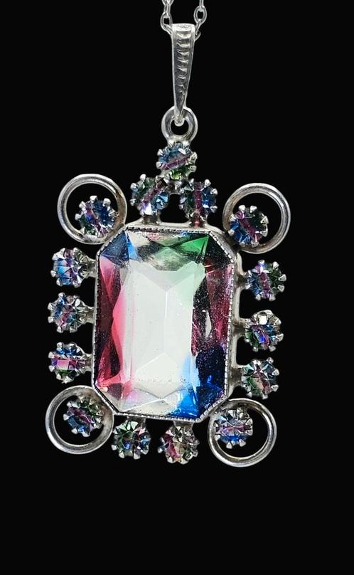 Prachtige Art Deco Zilveren Hanger  Kleurrijke Rijnsteen, Sieraden, Tassen en Uiterlijk, Kettinghangers, Zo goed als nieuw, Zilver