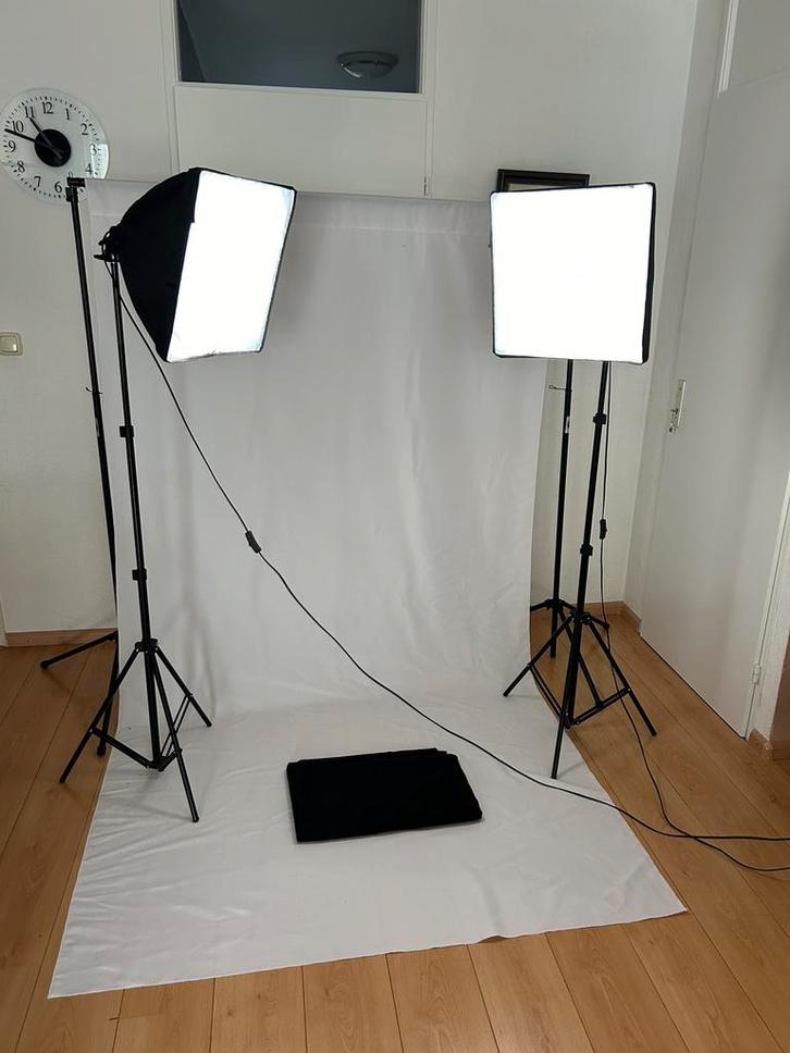 Fotografie Fotostudio opstelling met lampen en achterwand, Audio, Tv en Foto, Fotografie | Fotostudio en Toebehoren, Gebruikt