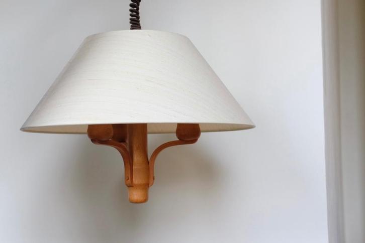 Teakhouten Domus hanglamp, Huis en Inrichting, Lampen | Hanglampen, Zo goed als nieuw, Minder dan 50 cm, Hout, Stof, Ophalen