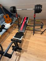 Halterbank met gewichten en halterstang, Sport en Fitness, Fitnessmaterialen, Ophalen, Gebruikt, Fitnessbank