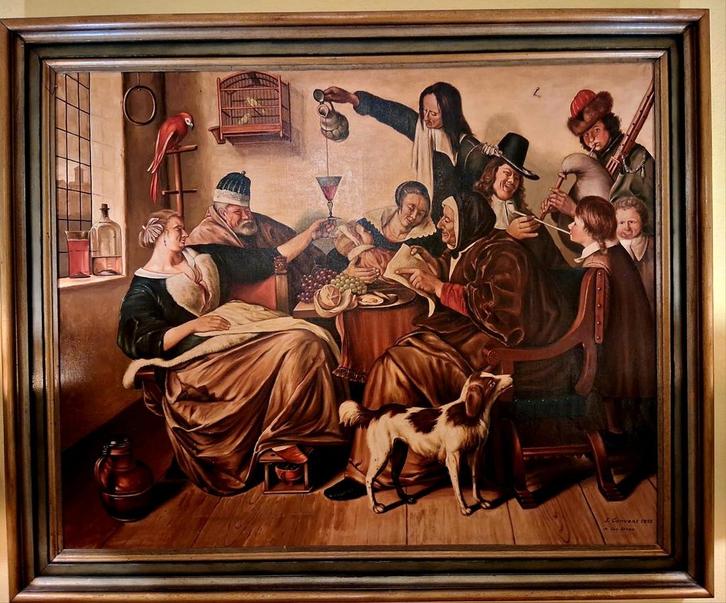 Vrolijk drinkend gezelschap, naar Jan Steen, Antiek en Kunst, Kunst | Schilderijen | Klassiek, Ophalen of Verzenden