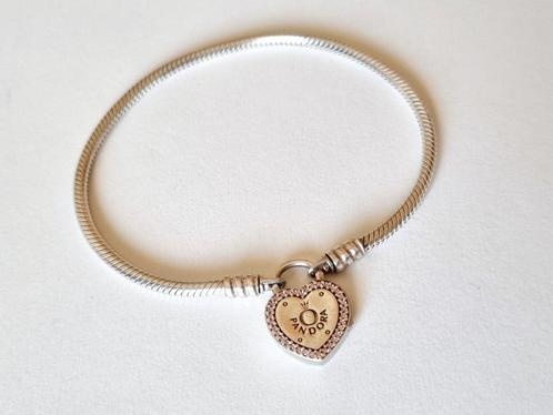 ZILVEREN PANDORA ARMBAND MET HARTVORMIGE SLUITING, Sieraden, Tassen en Uiterlijk, Armbanden, Zo goed als nieuw, Zilver, Roze, Met strass
