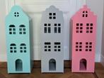 HEMA houten grachtenpand x 3 (blauw, roze, grijs), Kinderen en Baby's, Speelgoed | Poppenhuizen, Ophalen, Gebruikt