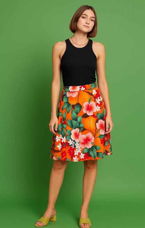 King Louie 70s El Segundo floral a-line skirt-M 🧡Retro, Kleding | Dames, Rokken, Zo goed als nieuw, Maat 38/40 (M), Oranje, Knielengte
