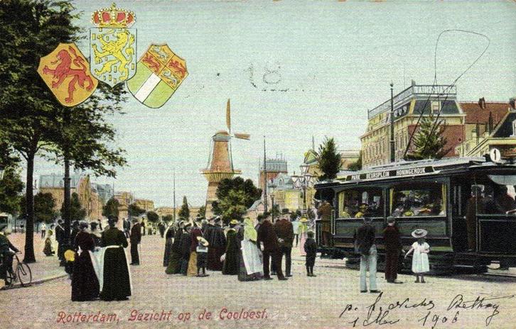 Rotterdam, Gezicht op de Coolvest. - tram molen - 1906 gelop, Verzamelen, Ansichtkaarten | Nederland, Ongelopen, Zuid-Holland
