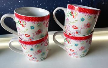 4 AH mokken rood met witte stippen bloemen beschikbaar voor biedingen
