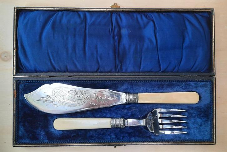 Vismes & Vork - Edwardiaans verzilverd groot vismes en vork, Antiek en Kunst, Antiek | Bestek, Ophalen of Verzenden